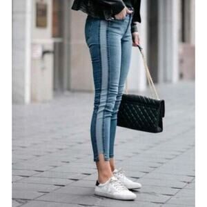 7 For All Mankind Two Toned Side Striped Skinny Leg Jeans Mid Rise Raw Hem Sz 24
